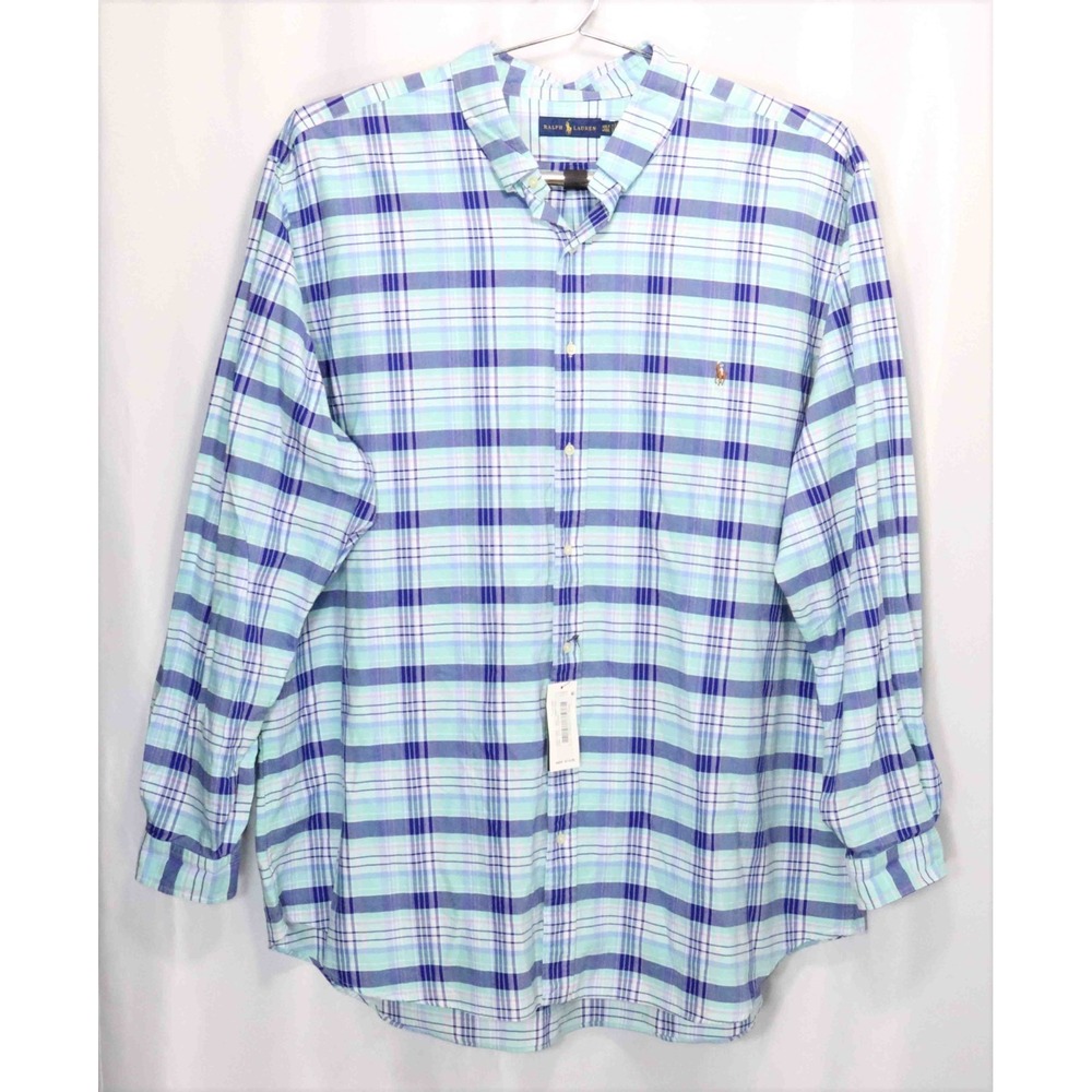 Ralph Lauren Blue Plaid Long Sleeve Button Front Pony Logo Shirt Mens Big 4XLT
